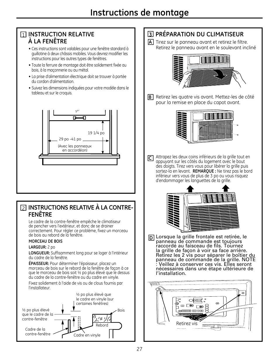 Instructions de montage, Instruction relative à la fenêtre, Instructions relative à la contre- fenêtre | Préparation du climatiseur | GE AEM25DP User Manual | Page 27 / 56
