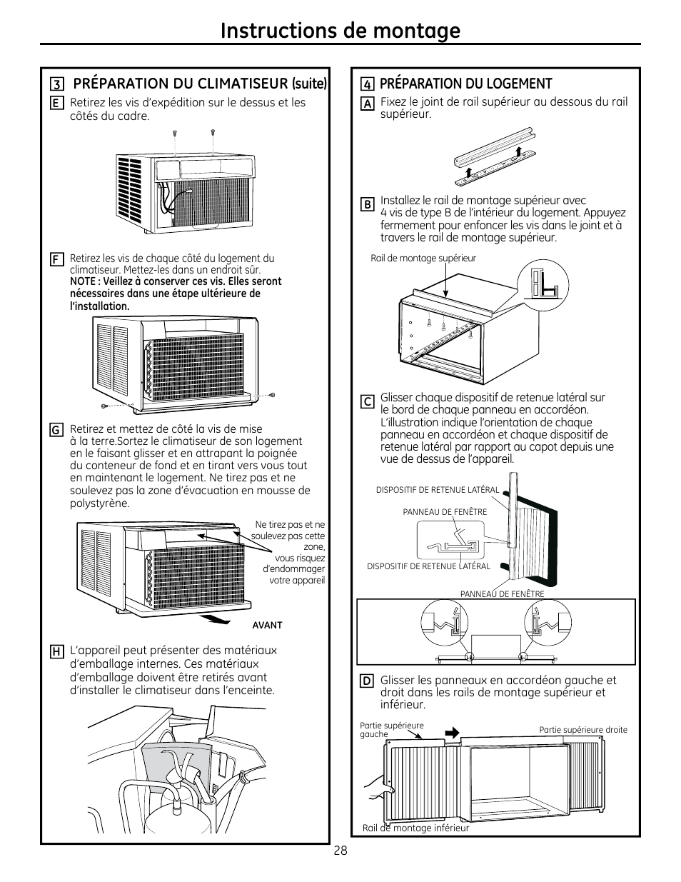 Instructions de montage, Préparation du climatiseur (suite), Préparation du logement | GE AEM25DP User Manual | Page 28 / 56