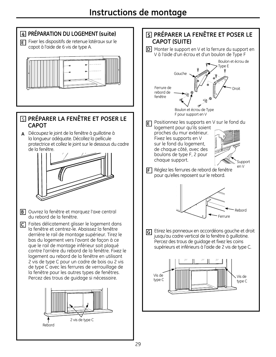 Instructions de montage, Préparer la fenêtre et poser le capot, Préparation du logement (suite) | Préparer la fenêtre et poser le capot (suite) | GE AEM25DP User Manual | Page 29 / 56