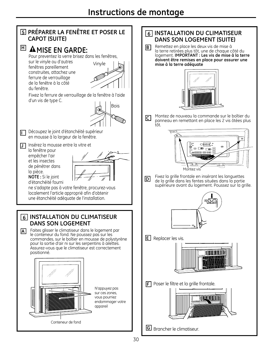 Instructions de montage, Mise en garde, Préparer la fenêtre et poser le capot (suite) | Installation du climatiseur dans son logement | GE AEM25DP User Manual | Page 30 / 56