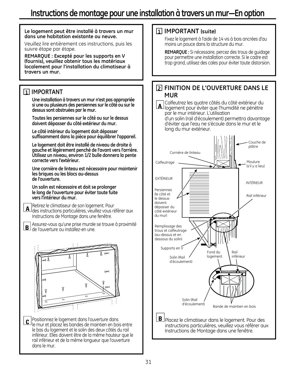 Important, Finition de l’ouverture dans le mur, Ab a b c | GE AEM25DP User Manual | Page 31 / 56