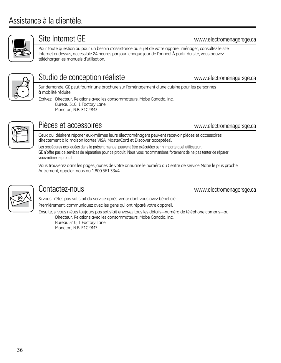 Assistance à la clientèle. site internet ge, Studio de conception réaliste, Pièces et accessoires | Contactez-nous | GE AEM25DP User Manual | Page 36 / 56