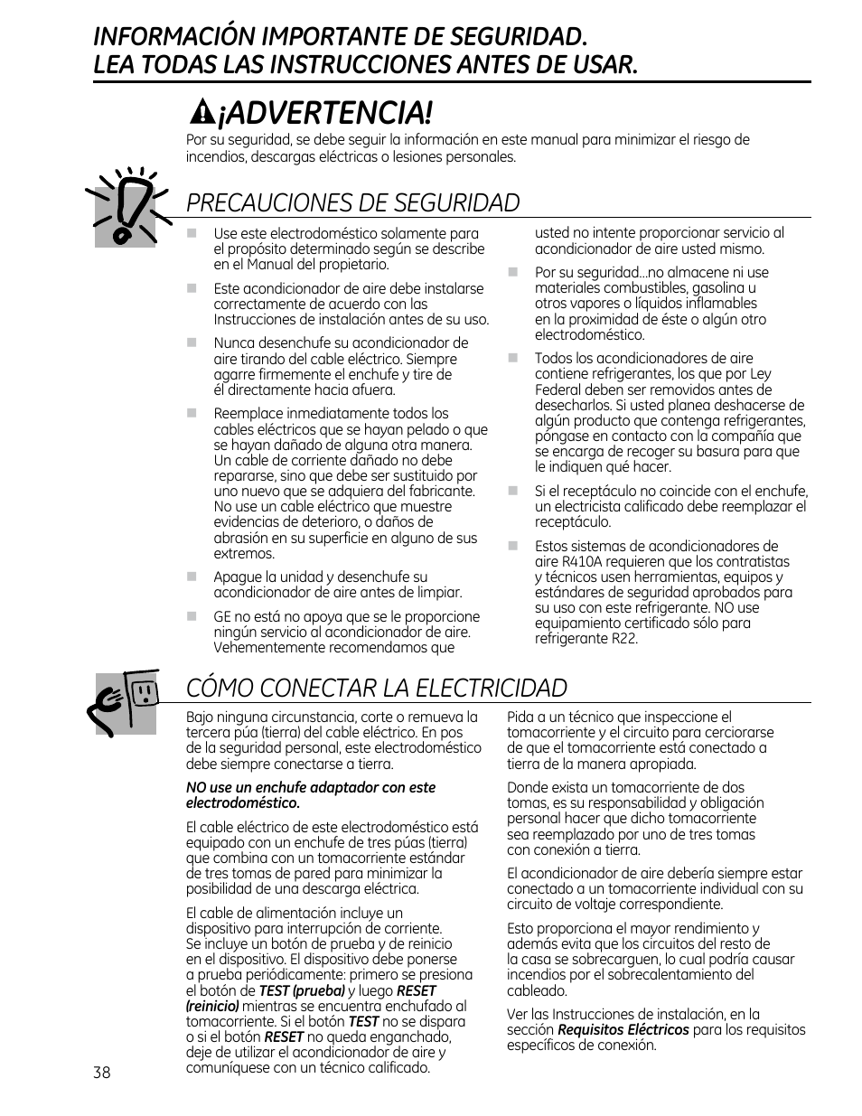 Advertencia, Precauciones de seguridad, Cómo conectar la electricidad | GE AEM25DP User Manual | Page 38 / 56