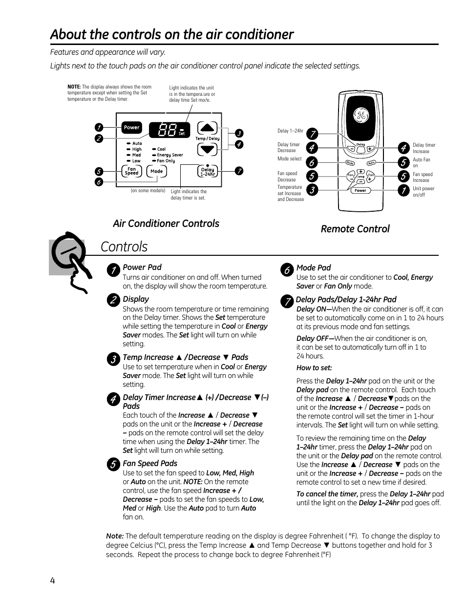 About the controls on the air conditioner, Controls, Remote control | Air conditioner controls | GE AEM25DP User Manual | Page 4 / 56