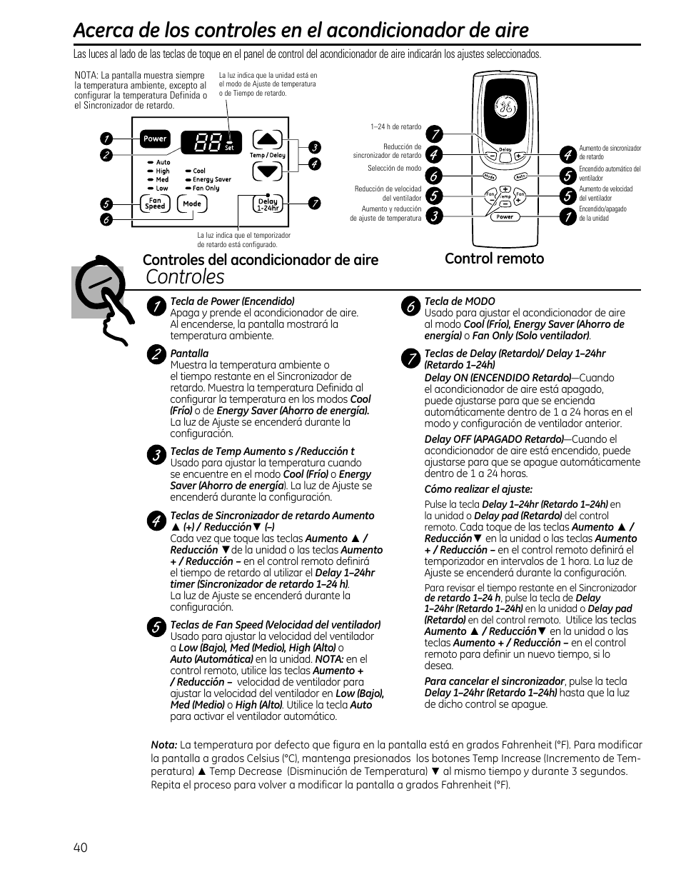 Control remoto, Controles del acondicionador de aire | GE AEM25DP User Manual | Page 40 / 56