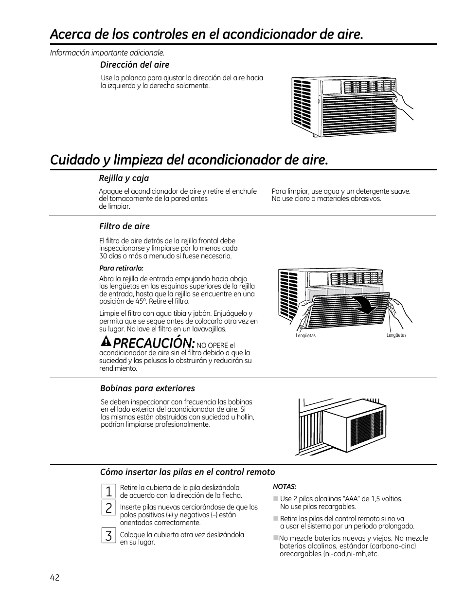 Cuidado y limpieza del acondicionador de aire, Precaución | GE AEM25DP User Manual | Page 42 / 56