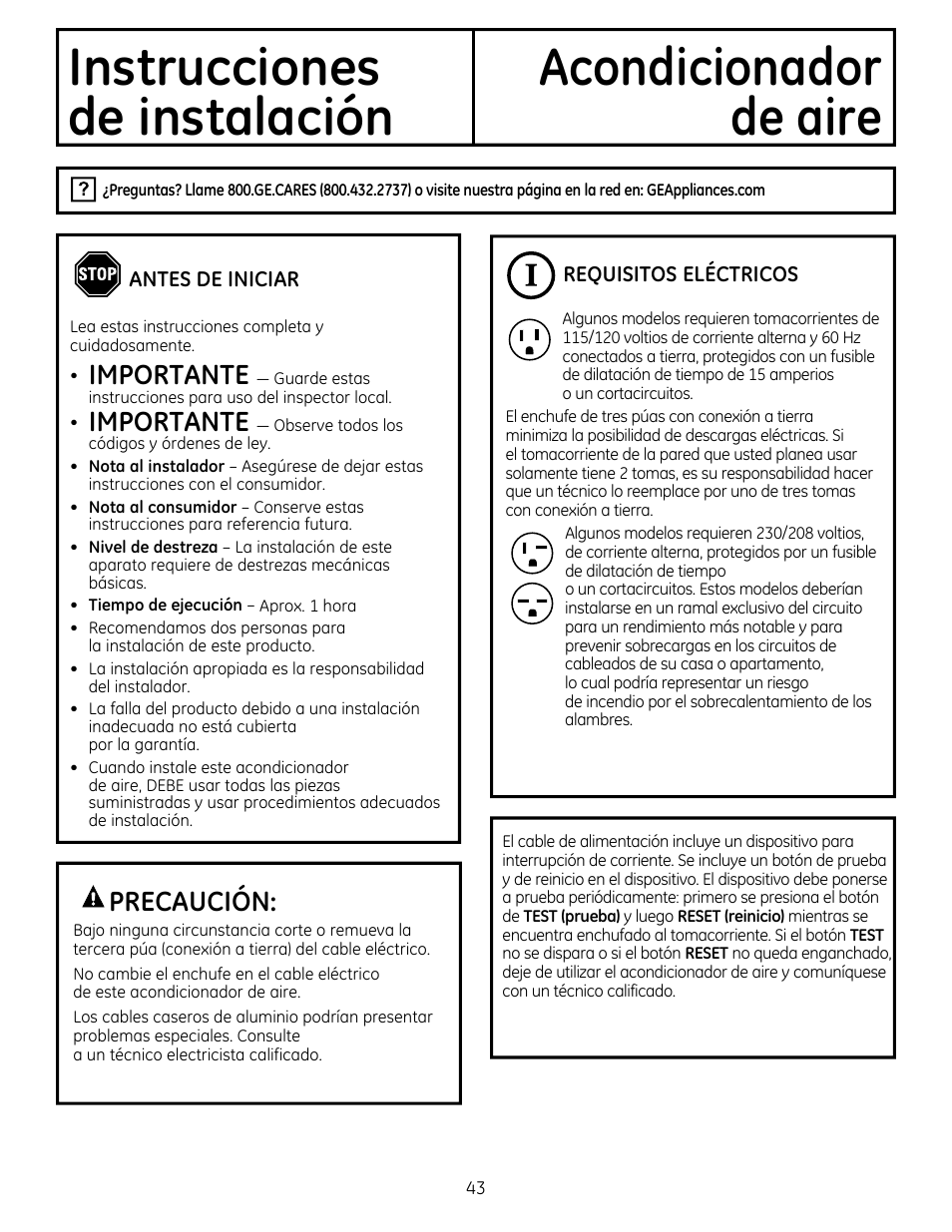 Instrucciones acondicionador, De instalación, De aire | Precaución, Importante | GE AEM25DP User Manual | Page 43 / 56