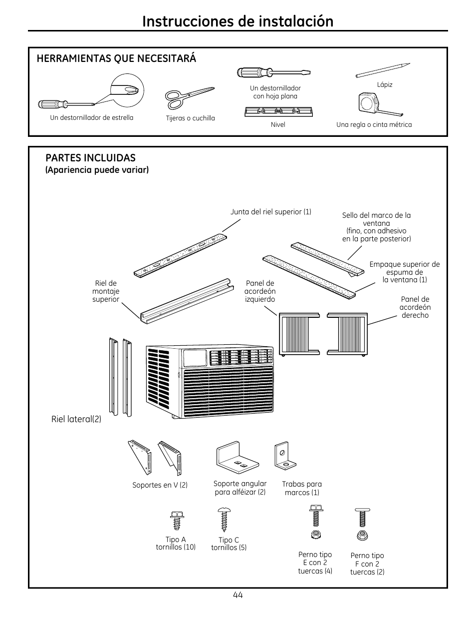 Instrucciones de instalación, Herramientas que necesitará, Partes incluidas | GE AEM25DP User Manual | Page 44 / 56