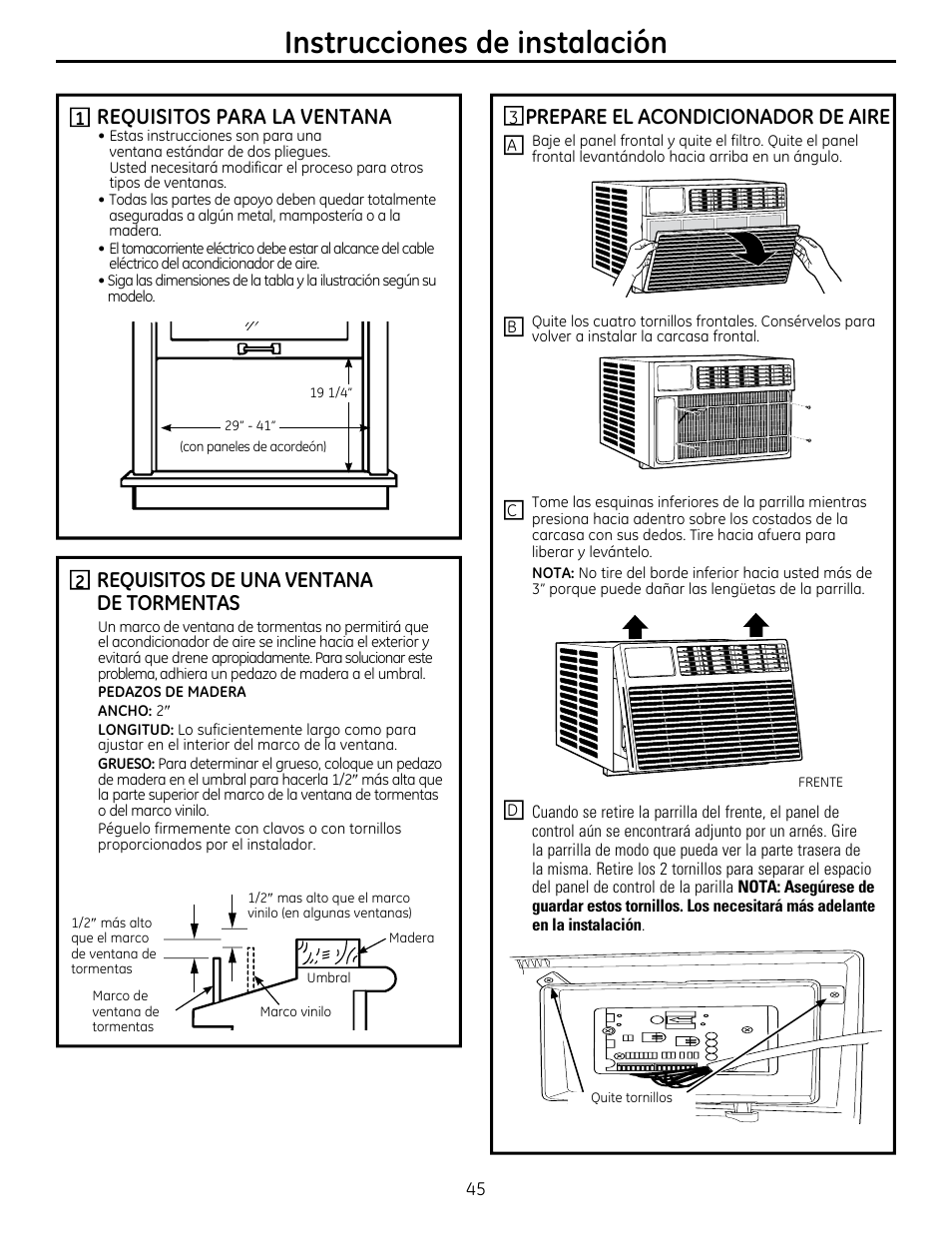 Instrucciones de instalación, Requisitos para la ventana, Requisitos de una ventana de tormentas | Prepare el acondicionador de aire | GE AEM25DP User Manual | Page 45 / 56