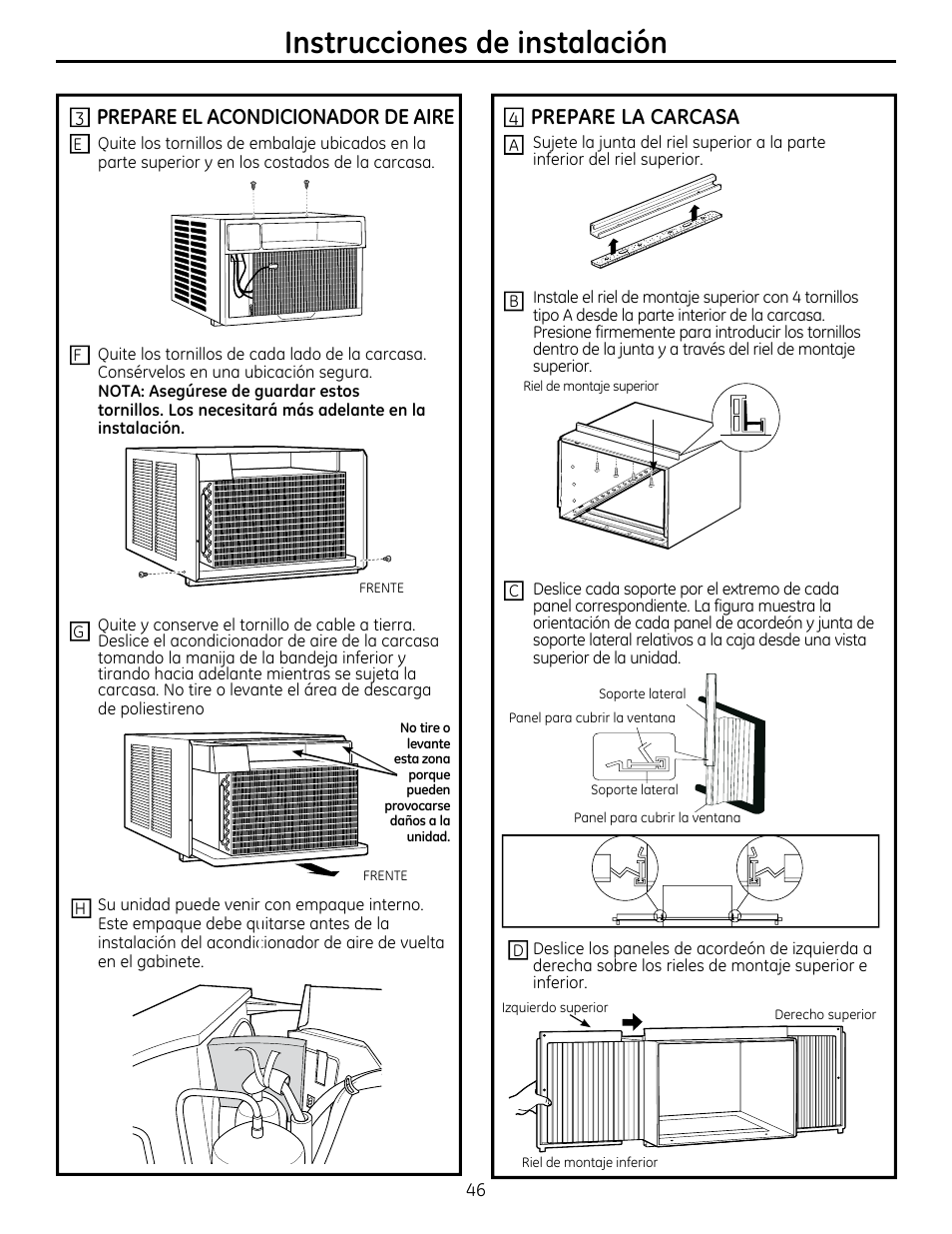 Instrucciones de instalación, Prepare el acondicionador de aire, Prepare la carcasa | GE AEM25DP User Manual | Page 46 / 56