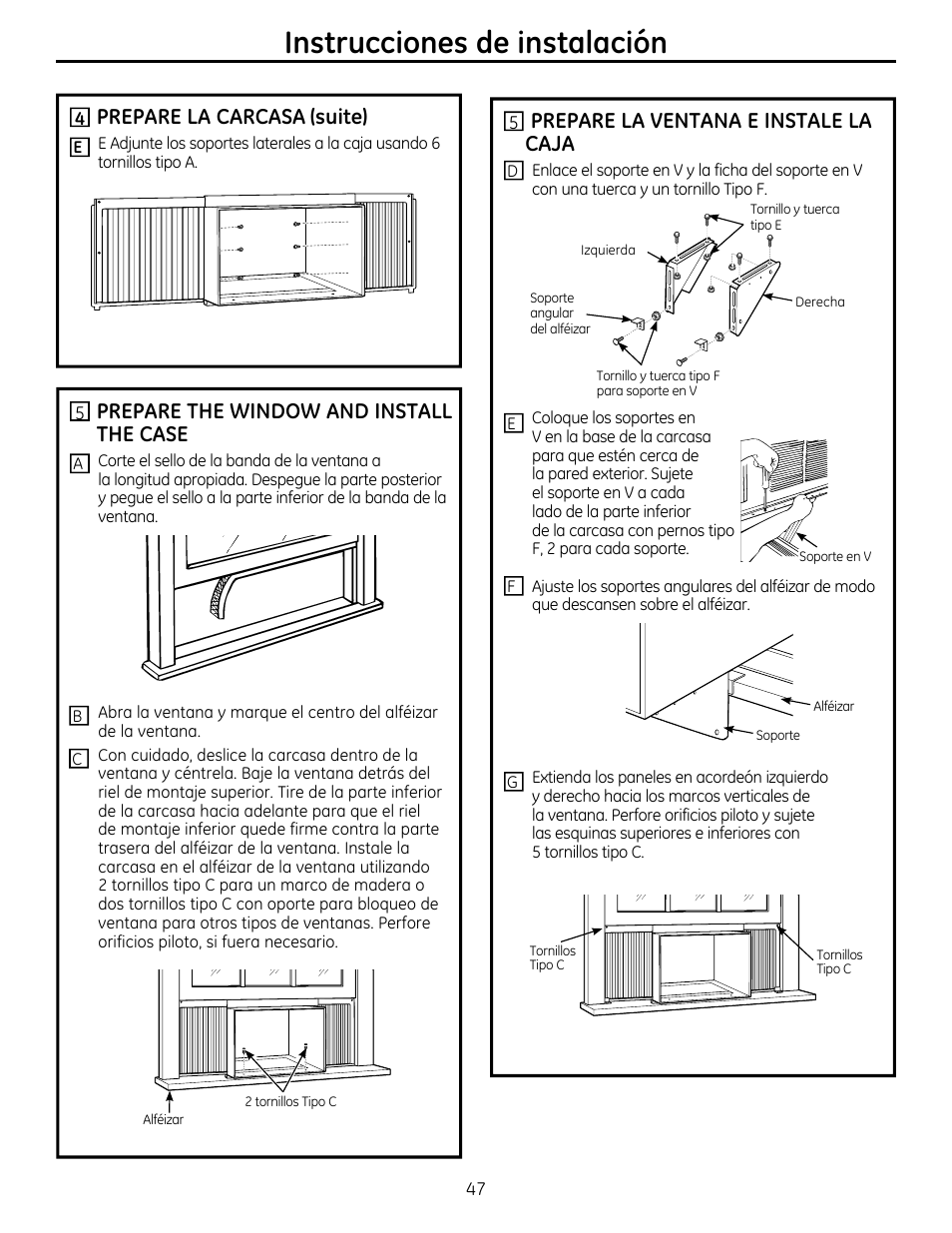 Instrucciones de instalación, Prepare the window and install the case, Prepare la ventana e instale la caja | Prepare la carcasa (suite) | GE AEM25DP User Manual | Page 47 / 56