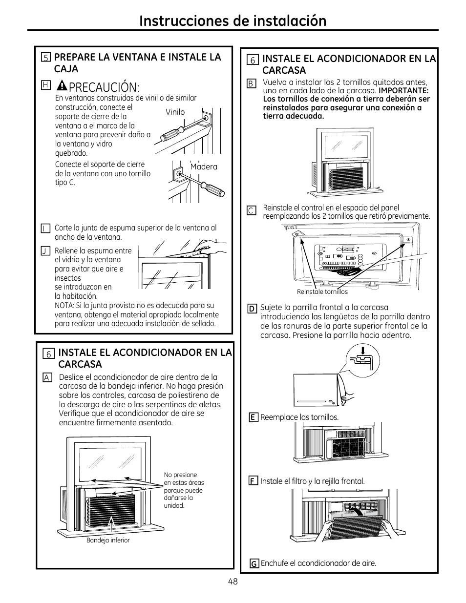 Instrucciones de instalación, Precaución, Prepare la ventana e instale la caja | Instale el acondicionador en la carcasa | GE AEM25DP User Manual | Page 48 / 56