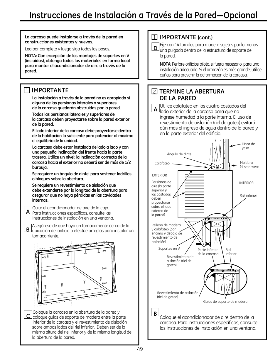 Importante, Termine la abertura de la pared | GE AEM25DP User Manual | Page 49 / 56
