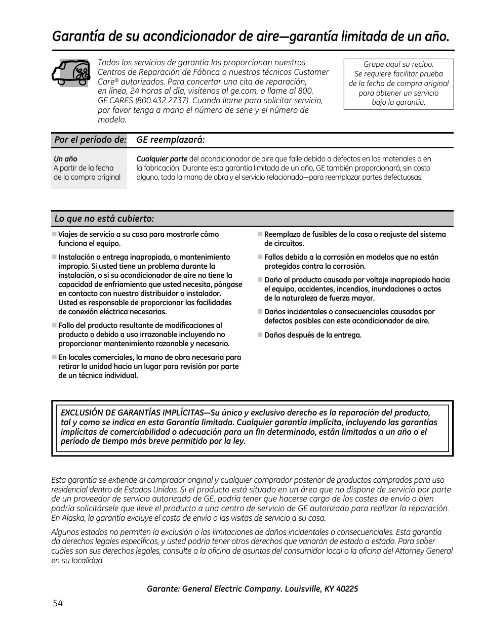 Garantía de su acondicionador de aire, Garantía limitada de un año | GE AEM25DP User Manual | Page 54 / 56