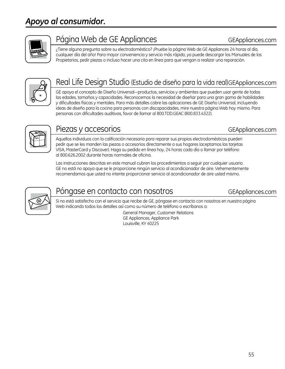 Apoyo al consumidor. página web de ge appliances, Real life design studio, Piezas y accesorios | Póngase en contacto con nosotros, Estudio de diseño para la vida real) | GE AEM25DP User Manual | Page 55 / 56
