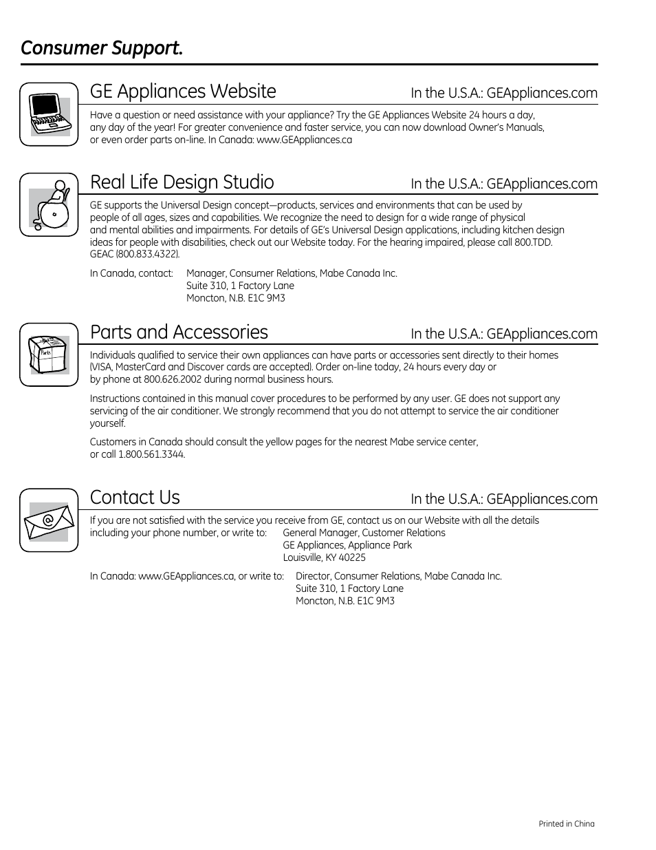 Consumer support. ge appliances website, Real life design studio, Parts and accessories | Contact us | GE AEM25DP User Manual | Page 56 / 56