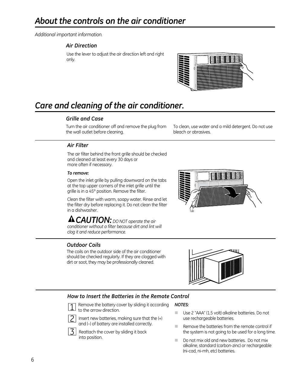 About the controls on the air conditioner, Care and cleaning of the air conditioner, Caution | GE AEM25DP User Manual | Page 6 / 56