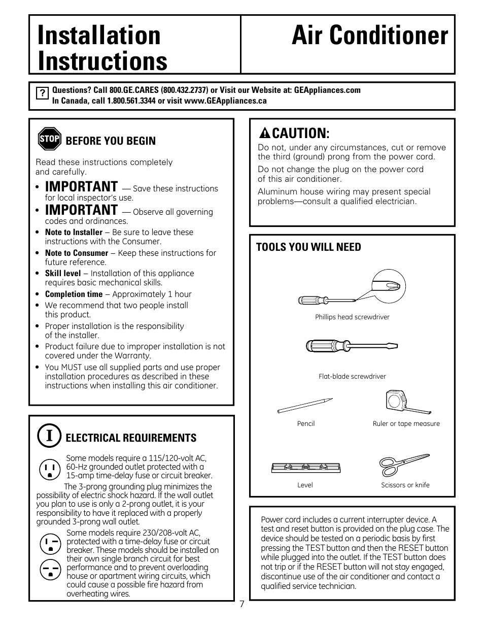Installation air conditioner, Instructions, Important | Caution | GE AEM25DP User Manual | Page 7 / 56