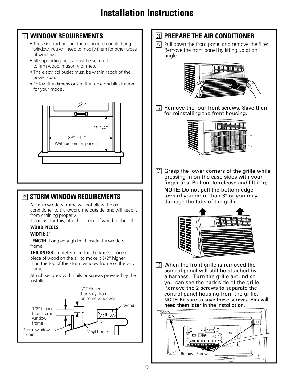 Installation instructions, Storm window requirements, Window requirements | Prepare the air conditioner | GE AEM25DP User Manual | Page 9 / 56