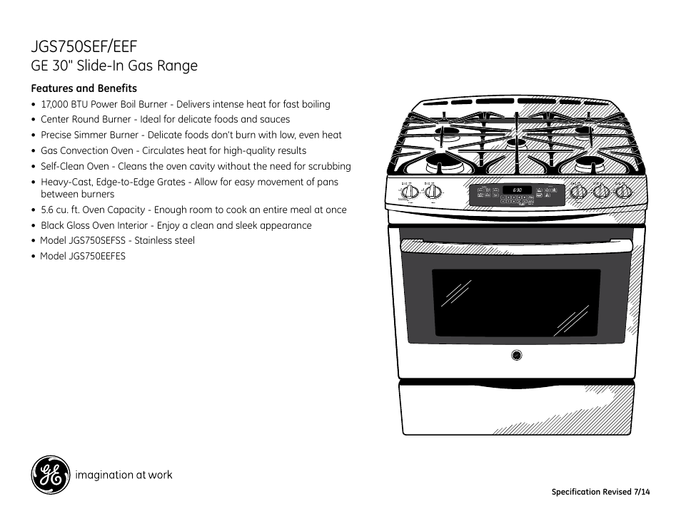 Jgs750sef/eef, Ge 30" slide-in gas range | GE JGS750SEFSS User Manual | Page 2 / 2