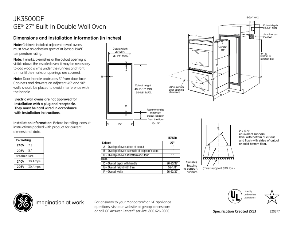 GE JK3500DFWW User Manual | 2 pages