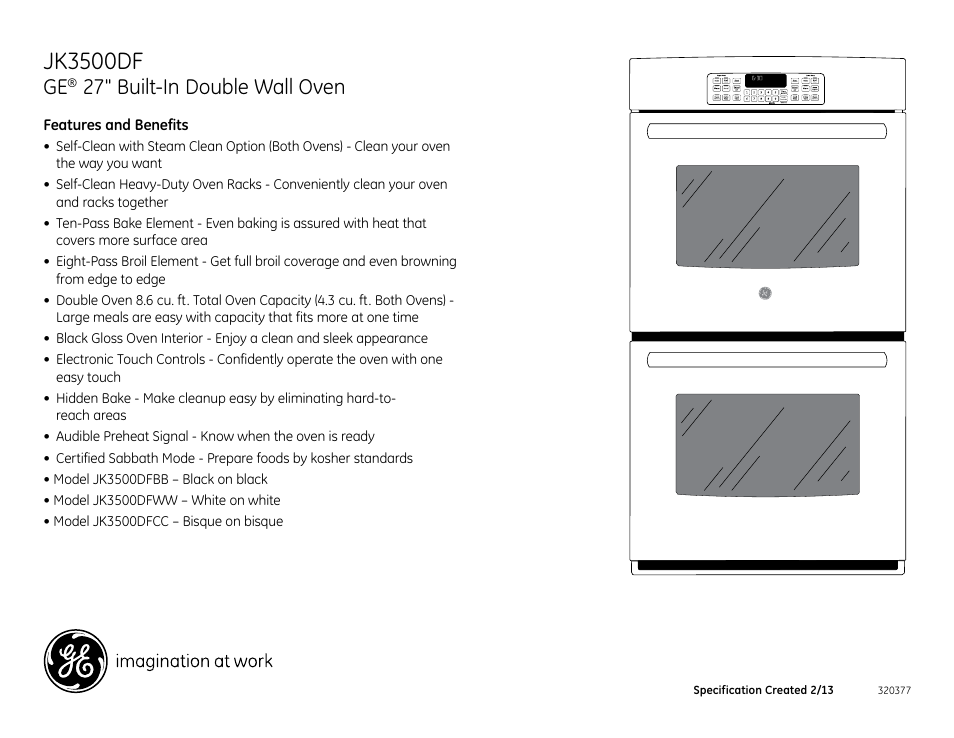 Jk3500df, 27" built-in double wall oven, Jk3500dfww/cc/bb | GE JK3500DFWW User Manual | Page 2 / 2