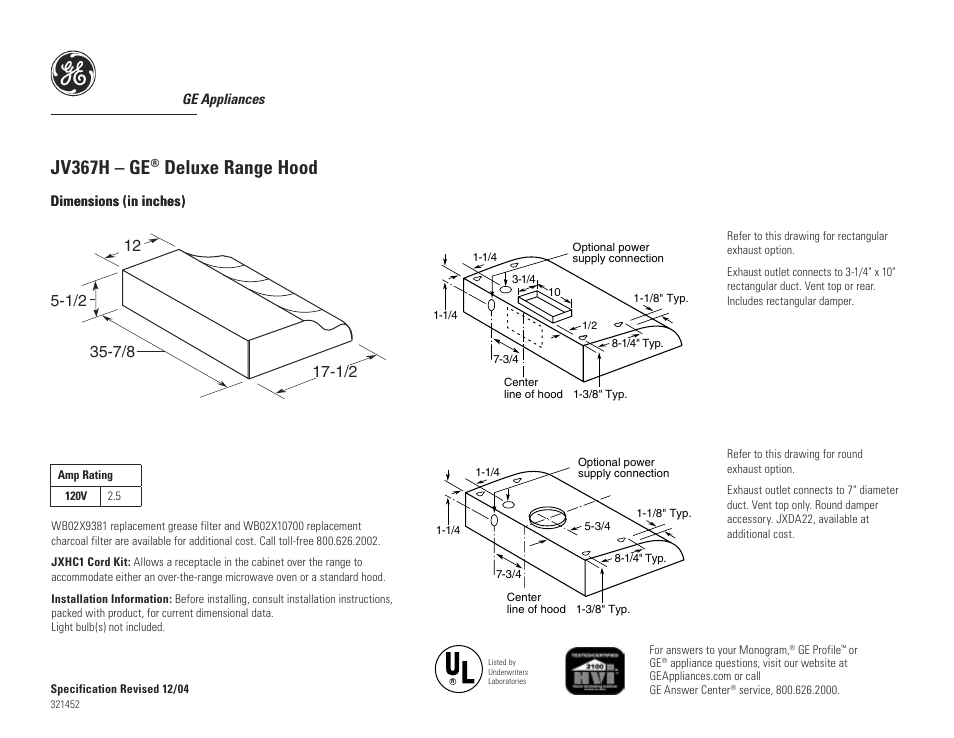 GE JV367HWW User Manual | 2 pages