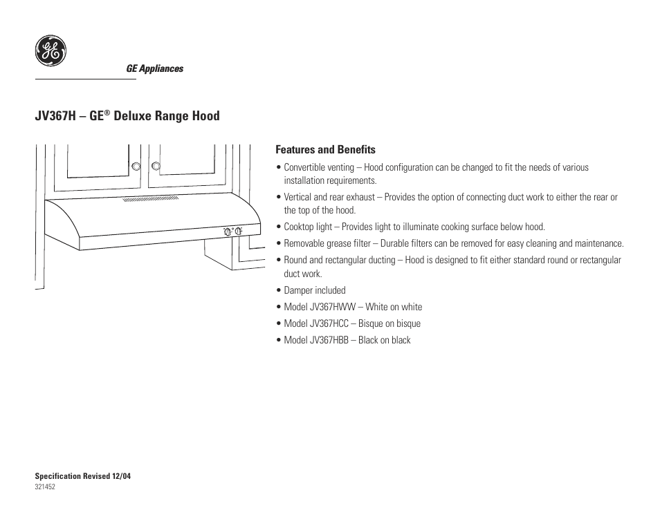 Jv367h – ge, Deluxe range hood | GE JV367HWW User Manual | Page 2 / 2