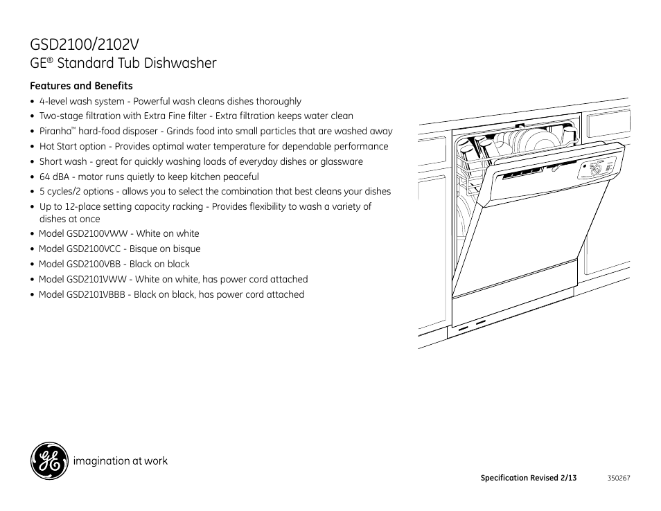 Standard tub dishwasher | GE GSD2100VWW User Manual | Page 2 / 2