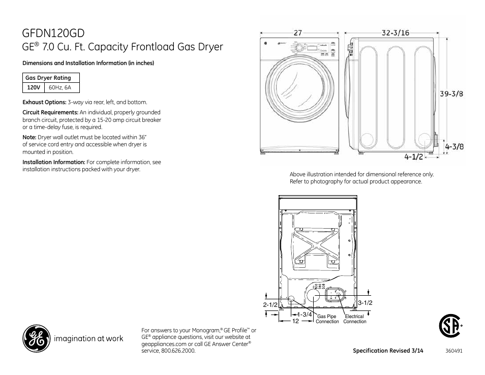 GE GFDN120GDWW User Manual | 4 pages