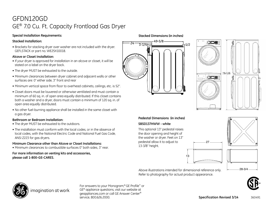 Gfdn120gd, 0 cu. ft. capacity frontload gas dryer | GE GFDN120GDWW User Manual | Page 2 / 4