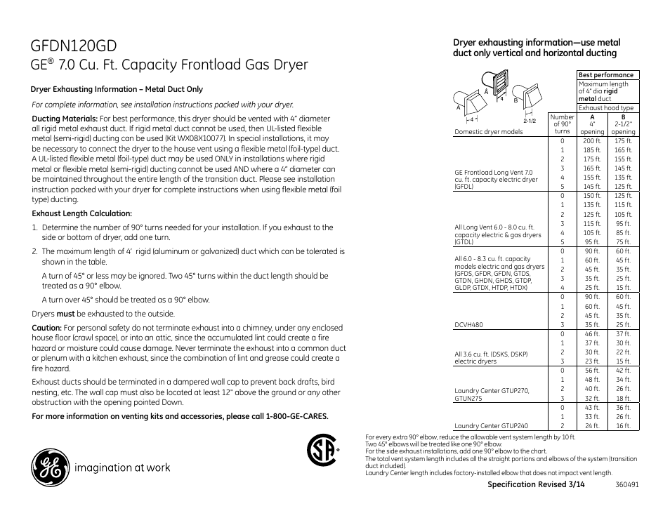 Gfdn120gd, 0 cu. ft. capacity frontload gas dryer | GE GFDN120GDWW User Manual | Page 3 / 4