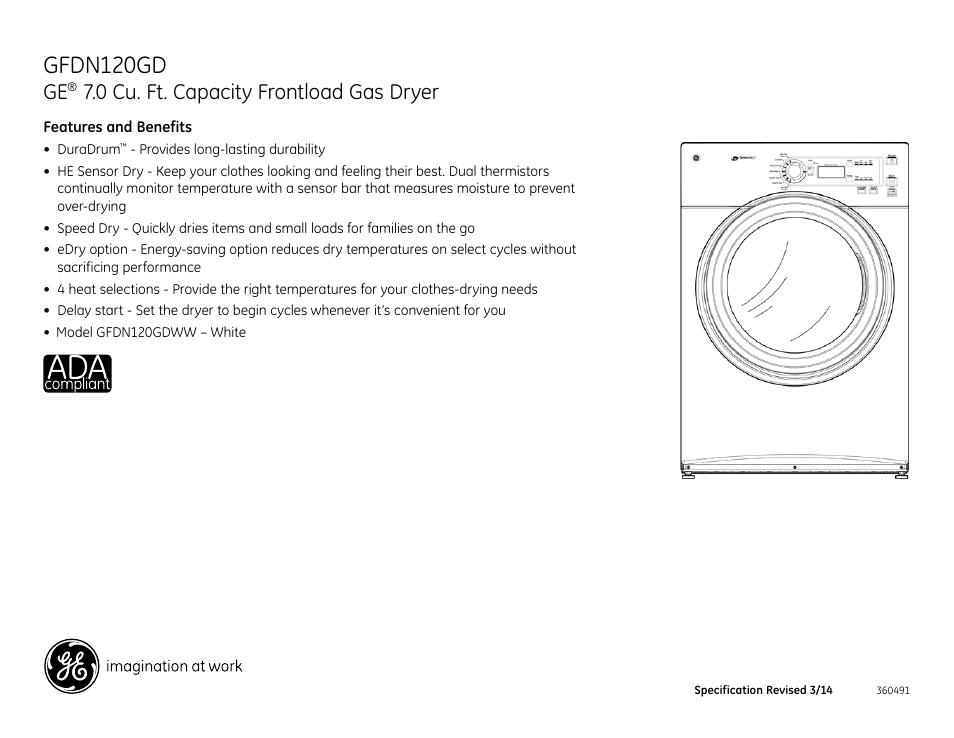 Gfdn120gd, 0 cu. ft. capacity frontload gas dryer | GE GFDN120GDWW User Manual | Page 4 / 4