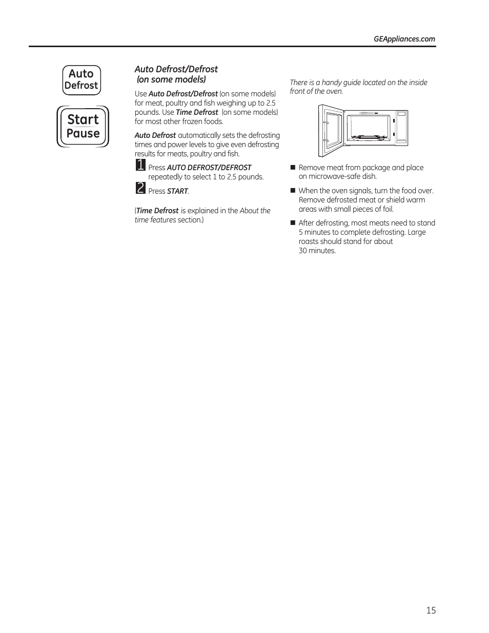 Start, Pause, Auto | GE JE740DRWW User Manual | Page 15 / 48