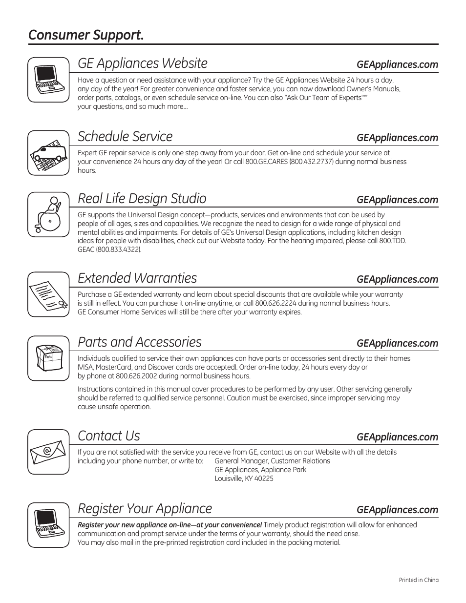 Consumer support. ge appliances website, Schedule service, Real life design studio | Extended warranties, Parts and accessories, Contact us, Register your appliance | GE JE740DRWW User Manual | Page 24 / 48