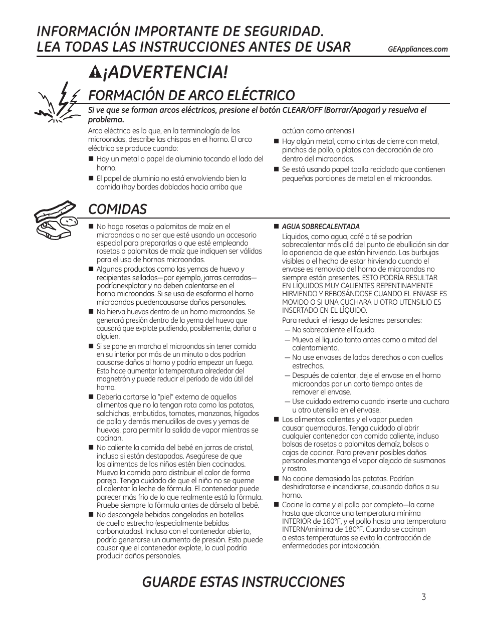 Advertencia, Guarde estas instrucciones, Formación de arco eléctrico | Comidas | GE JE740DRWW User Manual | Page 27 / 48