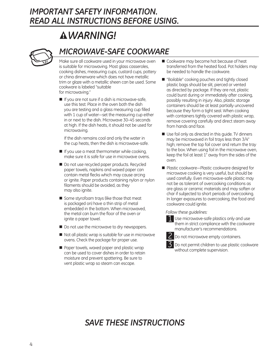 Warning, Save these instructions, Microwave-safe cookware | GE JE740DRWW User Manual | Page 4 / 48