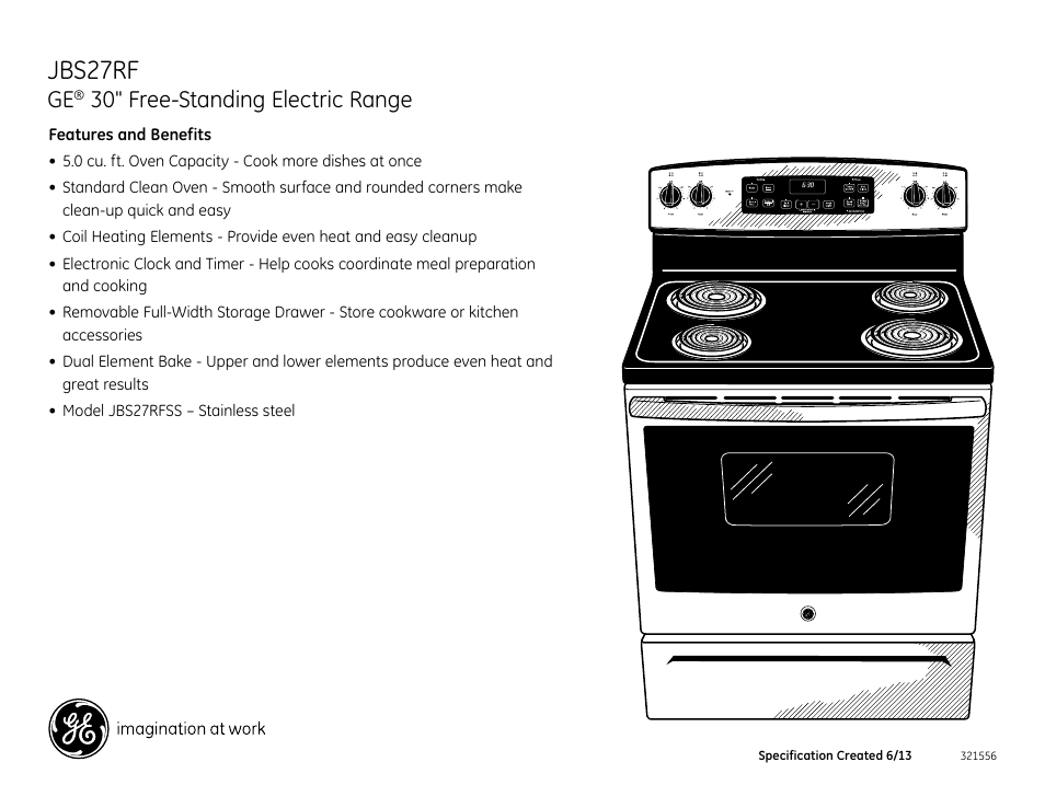 Jbs27rf, 30" free-standing electric range | GE JBS27RFSS User Manual | Page 2 / 2
