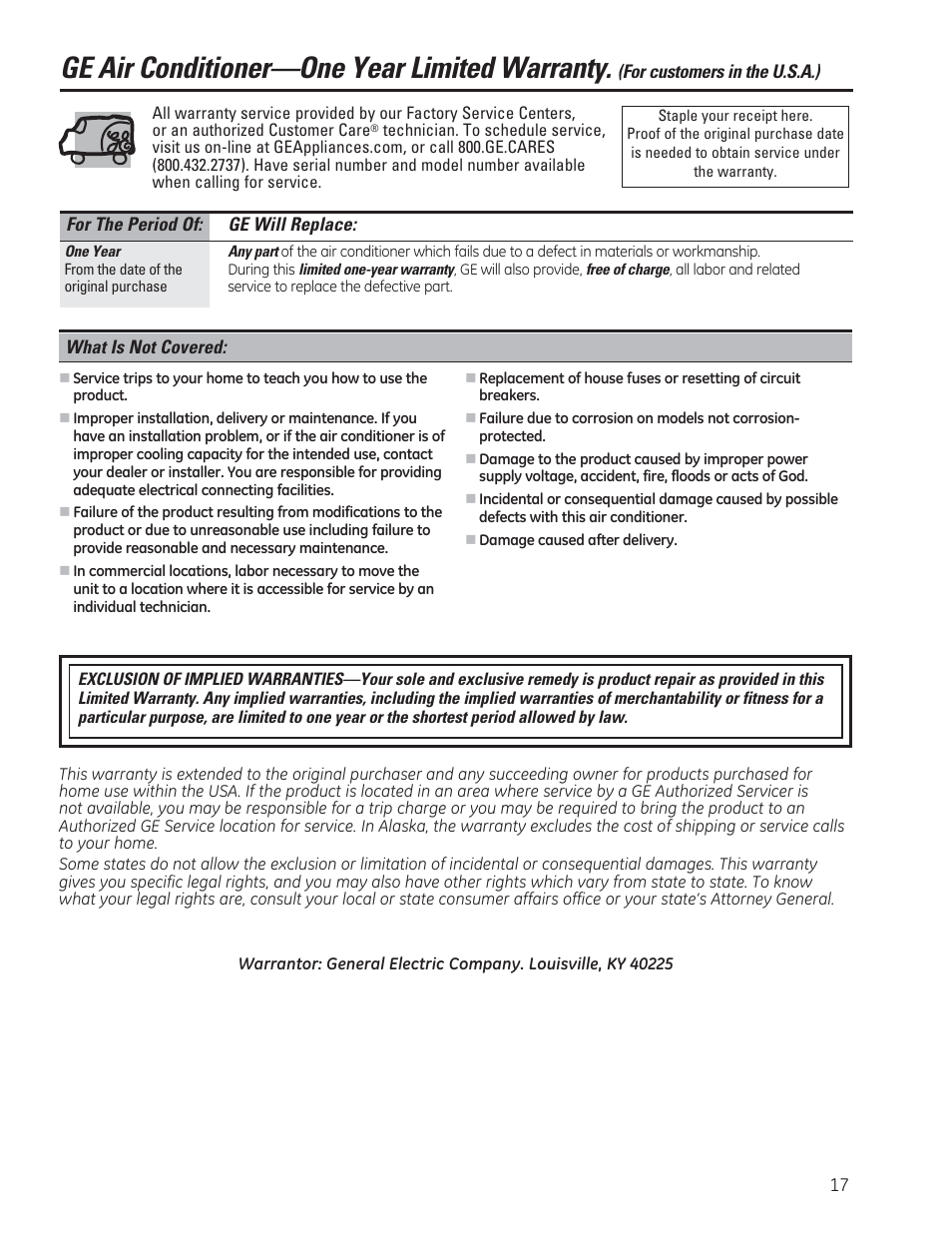 Ge air conditioner—one year limited warranty | GE AEE18DR User Manual | Page 17 / 56