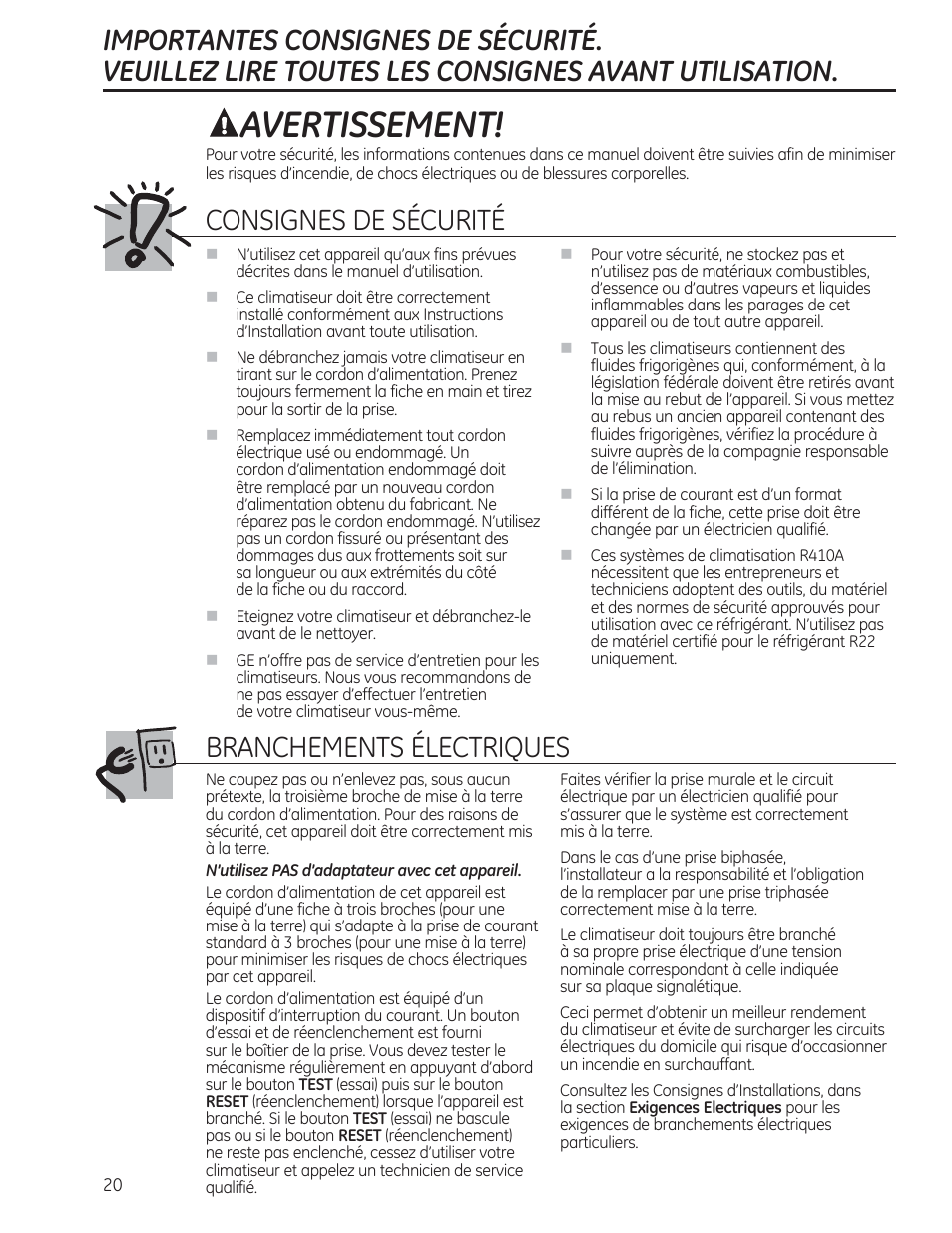 Avertissement, Consignes de sécurité, Branchements électriques | GE AEE18DR User Manual | Page 20 / 56