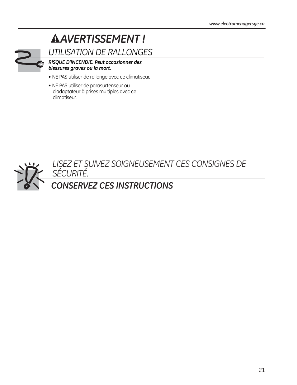 Avertissement | GE AEE18DR User Manual | Page 21 / 56