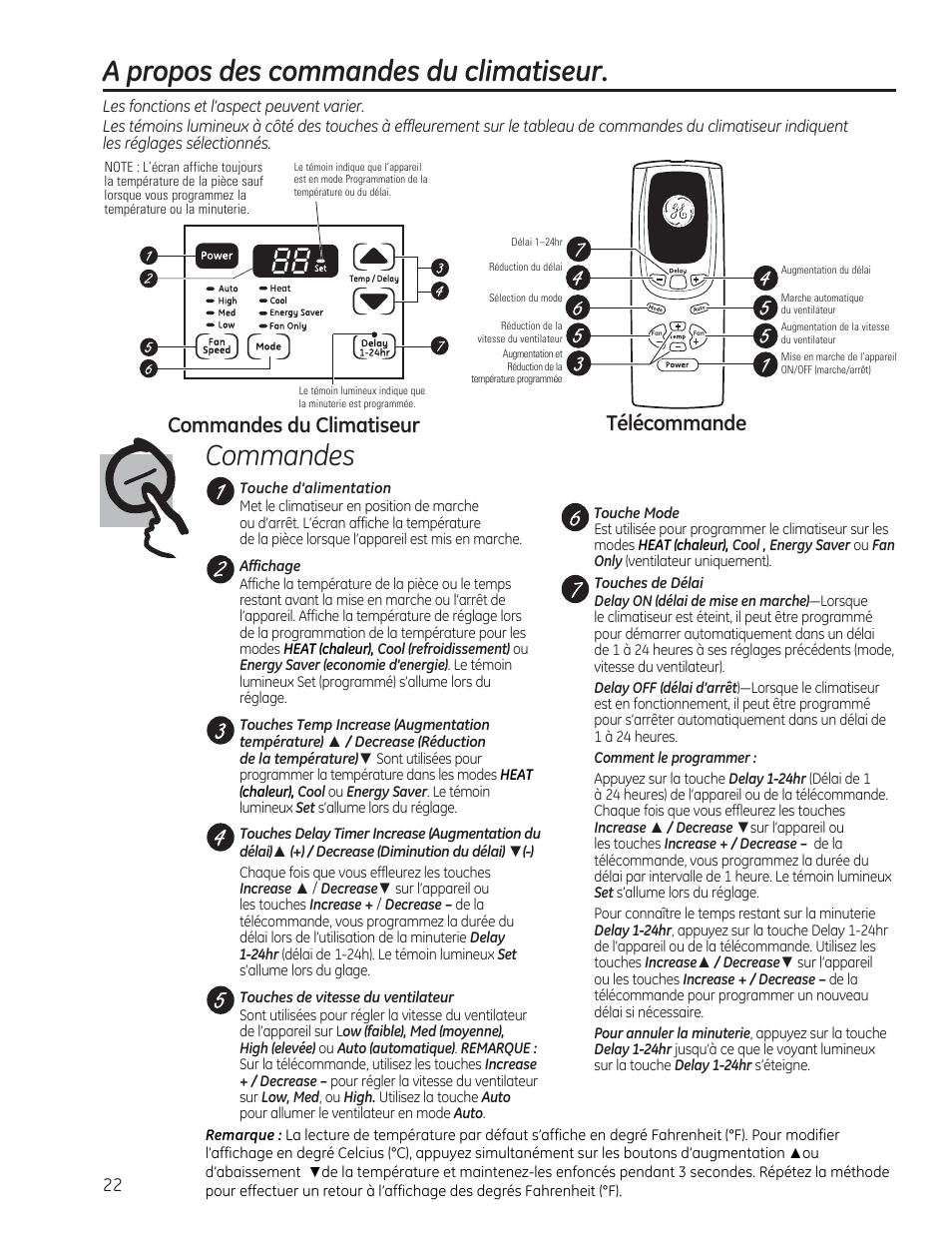 A propos des commandes du climatiseur, Commandes, Télécommande | Commandes du climatiseur | GE AEE18DR User Manual | Page 22 / 56