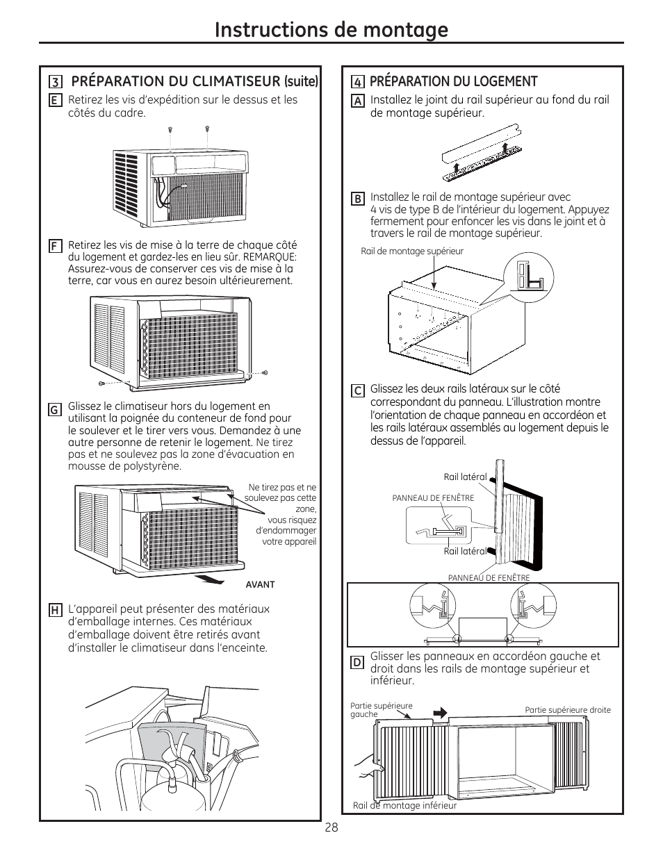Instructions de montage, Préparation du climatiseur (suite), Préparation du logement | GE AEE18DR User Manual | Page 28 / 56