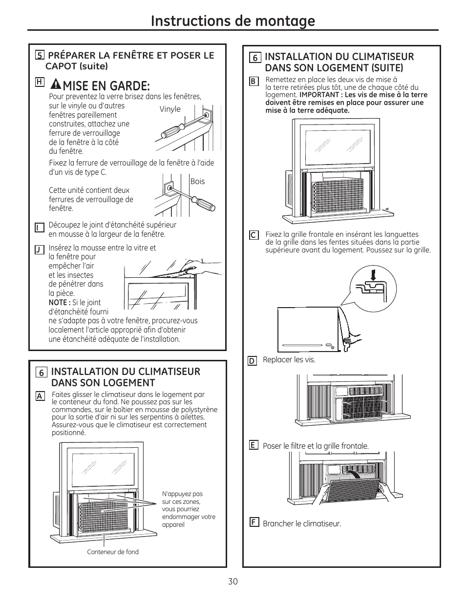 Instructions de montage, Mise en garde, Installation du climatiseur dans son logement | GE AEE18DR User Manual | Page 30 / 56