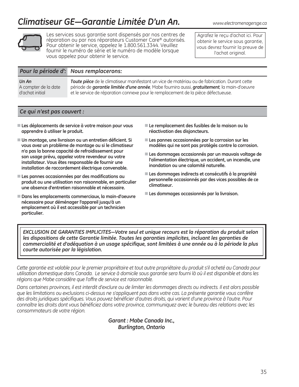 Olpdwlvhxu*(³*dudqwlh/lplwph'·xq$q | GE AEE18DR User Manual | Page 35 / 56