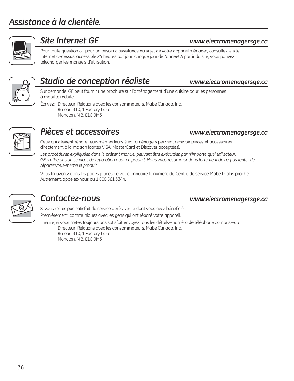 Assistance à la clientèle . site internet ge, Studio de conception réaliste, Pièces et accessoires | Contactez-nous | GE AEE18DR User Manual | Page 36 / 56