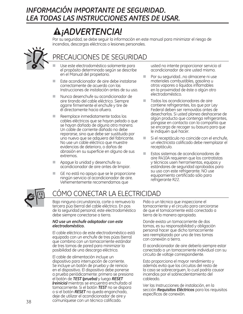 Advertencia, Precauciones de seguridad, Cómo conectar la electricidad | GE AEE18DR User Manual | Page 38 / 56