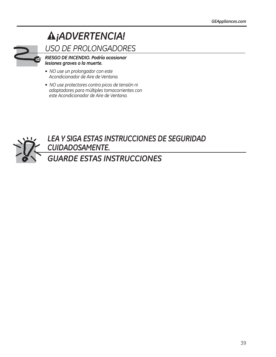 Advertencia | GE AEE18DR User Manual | Page 39 / 56