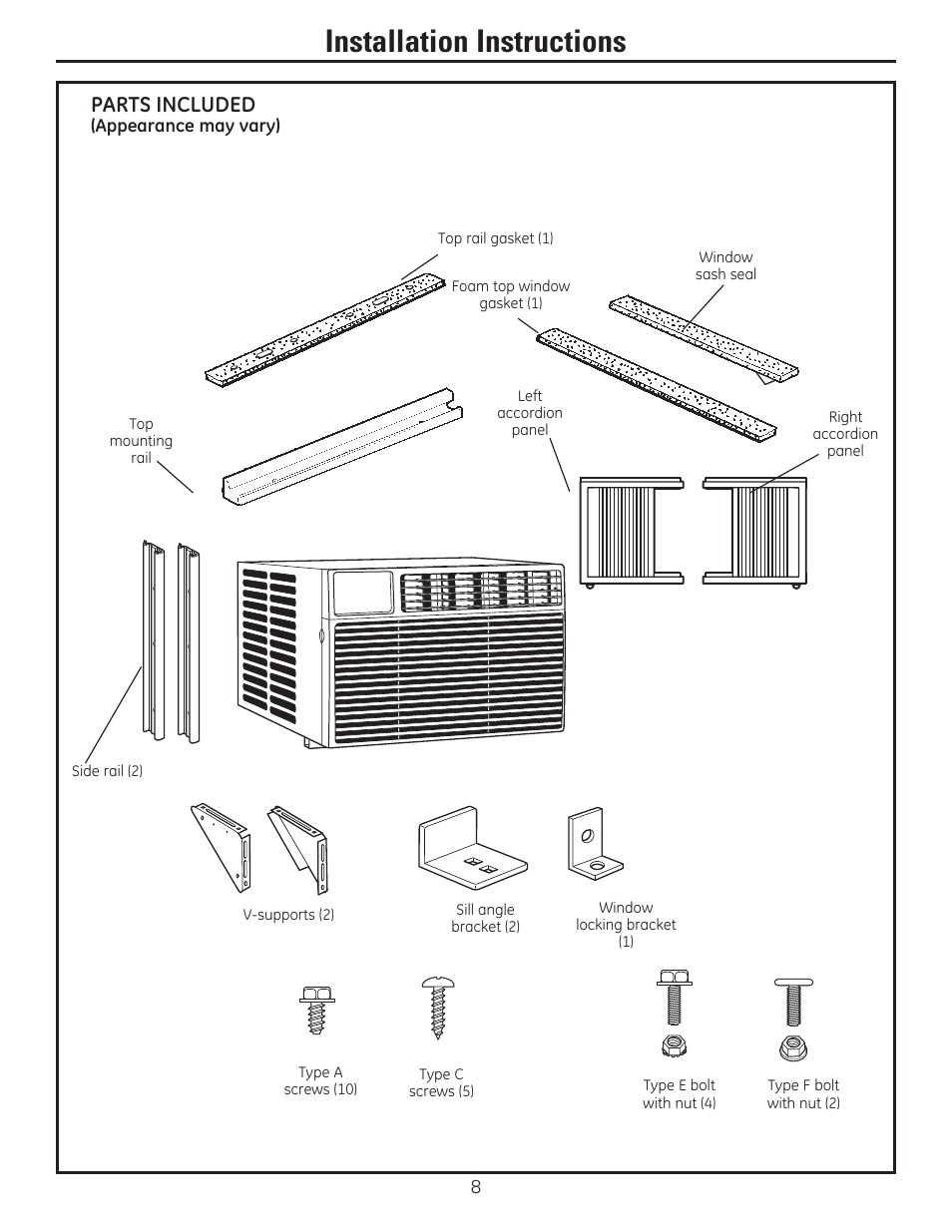 Installation instructions, Parts included | GE AEE18DR User Manual | Page 8 / 56