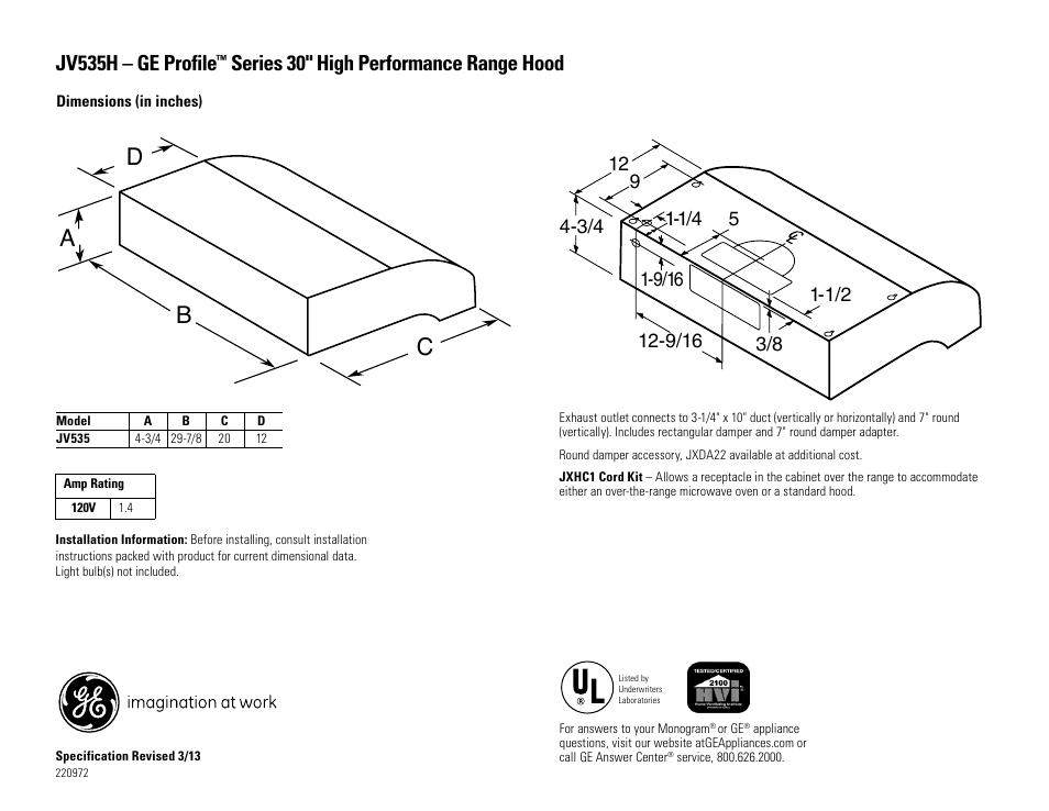 GE JV535HWW User Manual | 2 pages
